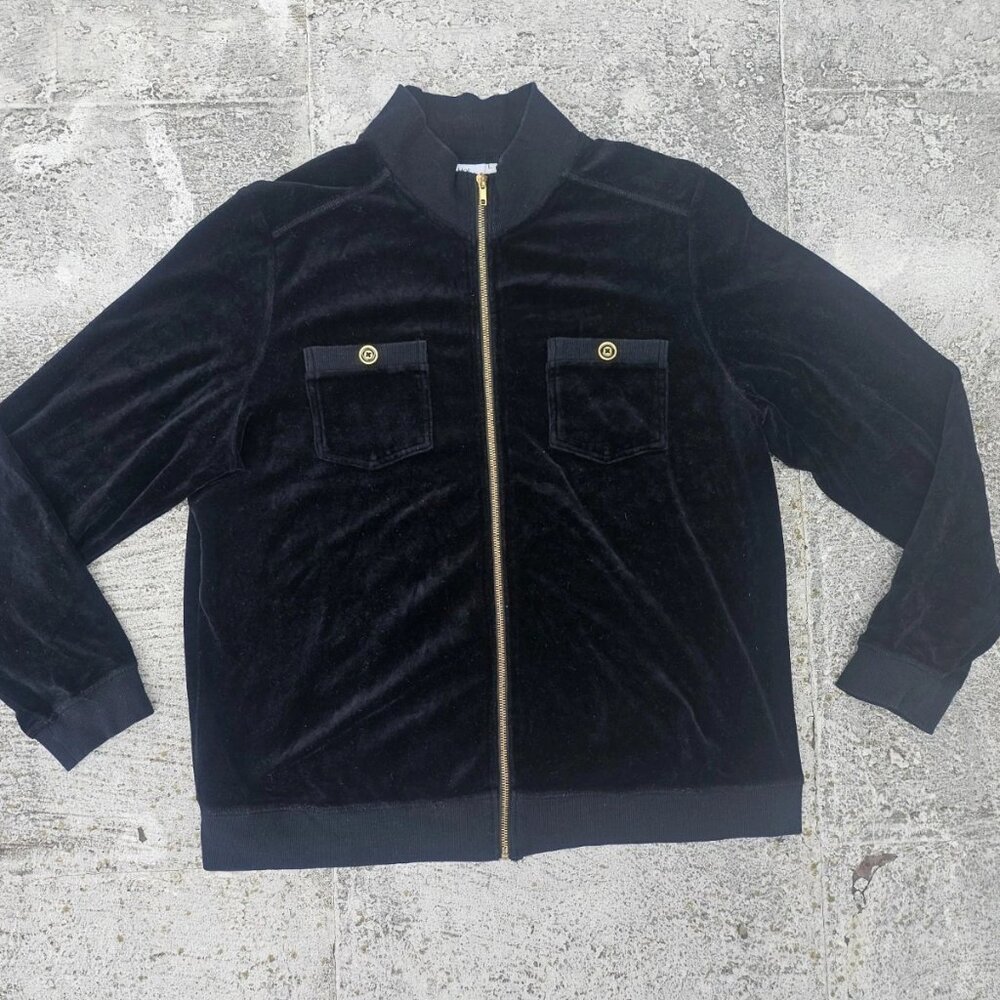 Vintage Hot Cotton Men Jacket Black Velvet Long Sleeve Velour Zip Up Size L